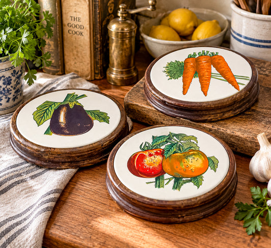Vintage Ceramic Tile and Wood Trivet Set of 3 with Botanical Vegetable Motif, Farmhouse Kitchen Decor
