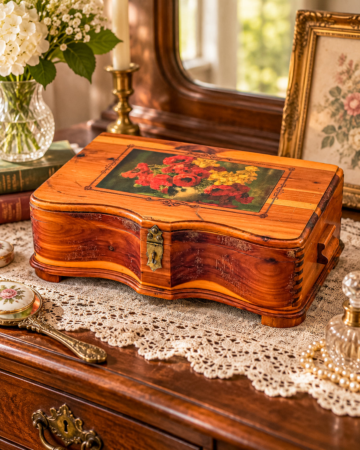 Vintage Cedar Jewelry Box with Floral Decoupage Lid, Serpentine Bombe Silhouette, Dovetail Joinery