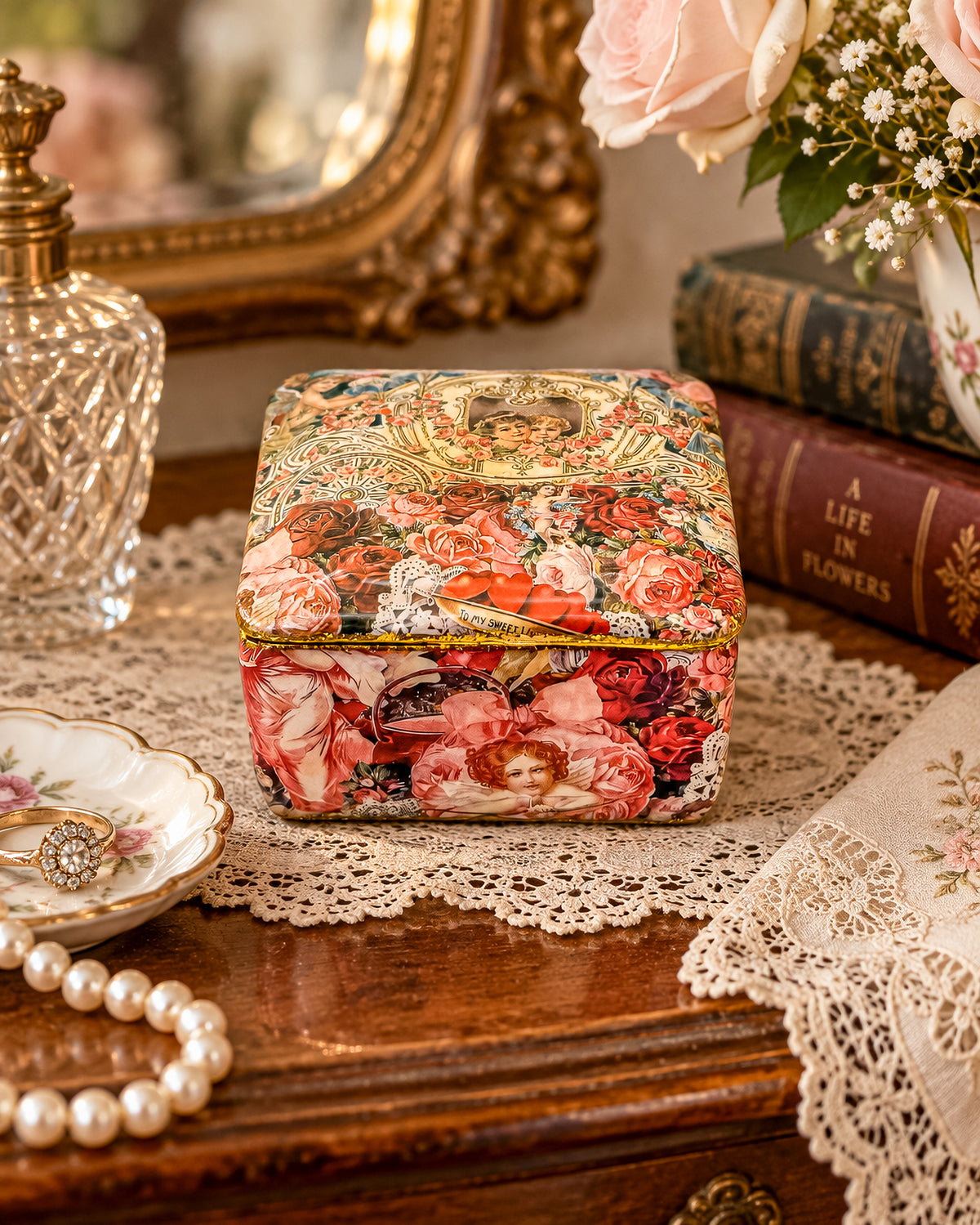Vintage Victorian Decoupage Keepsake Box with Cherub and Rose Motif, Gold Glitter Trim, Fabric-Lined
