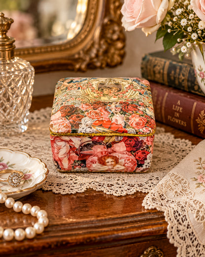 Vintage Victorian Decoupage Keepsake Box with Cherub and Rose Motif, Gold Glitter Trim, Fabric-Lined