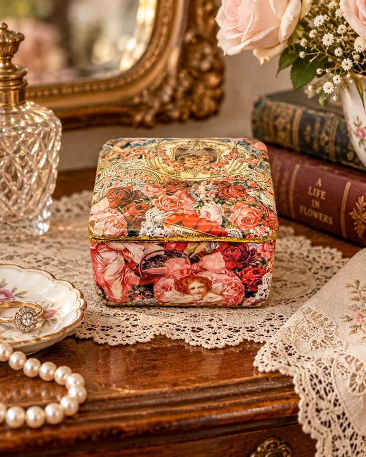 Vintage Victorian Decoupage Keepsake Box with Cherub and Rose Motif, Gold Glitter Trim, Fabric-Lined