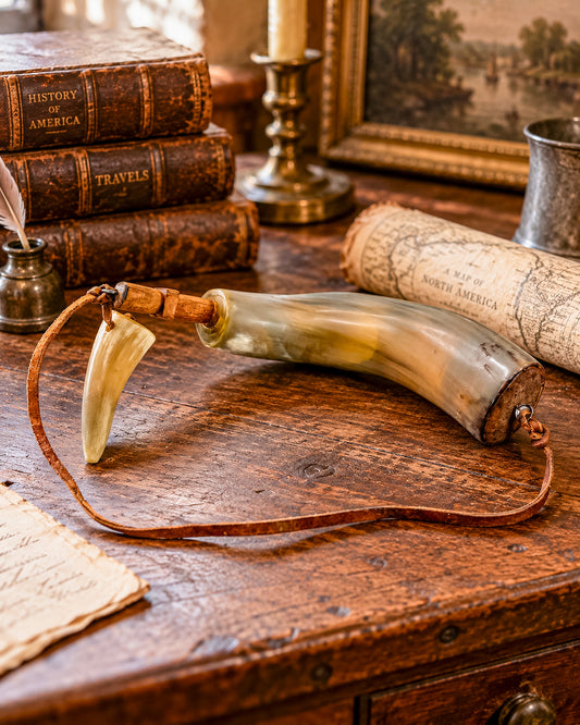 Vintage Powder Horn with Leather Thong and Priming Horn, Frontier Americana Display Piece