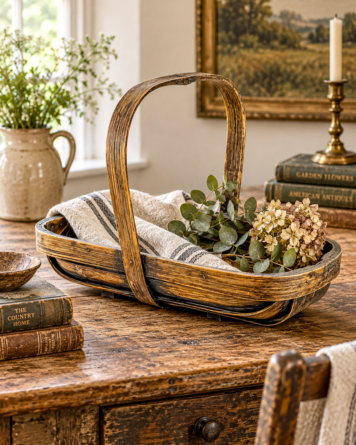 Vintage Rustic Wooden Basket with Tall Arched Handle