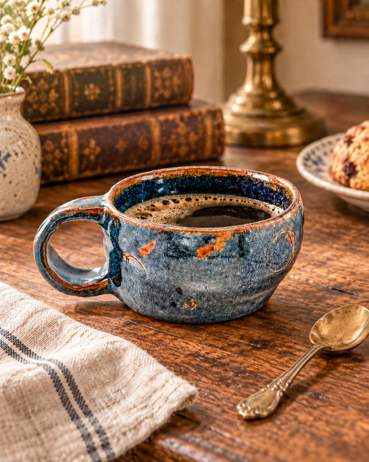 Abstract Blue Studio Pottery Mug with Rust-Orange Glaze Accents