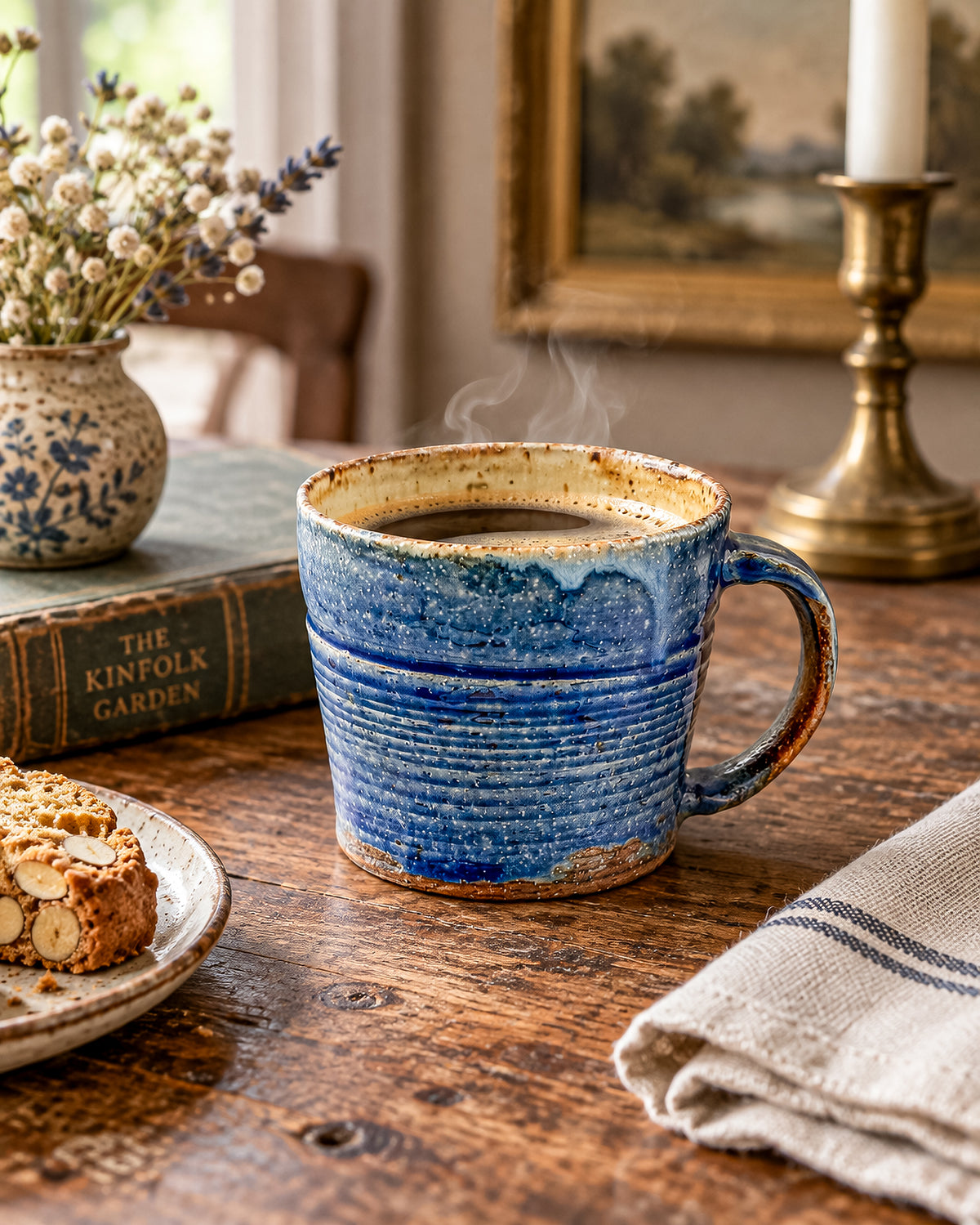 Handmade Blue Studio Pottery Mug with Mustard Yellow Interior