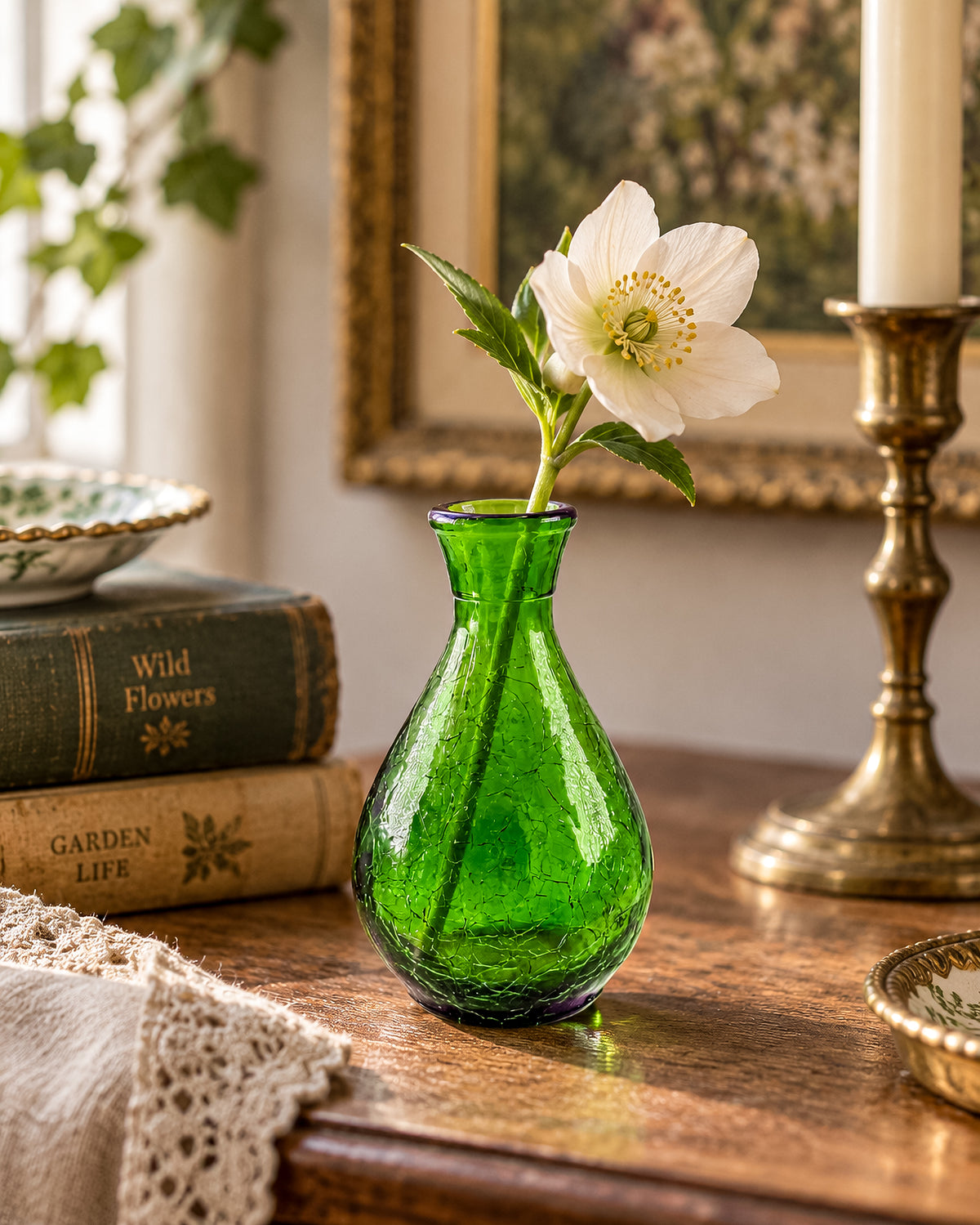 Vintage Green Crackle Glass Bud Vase