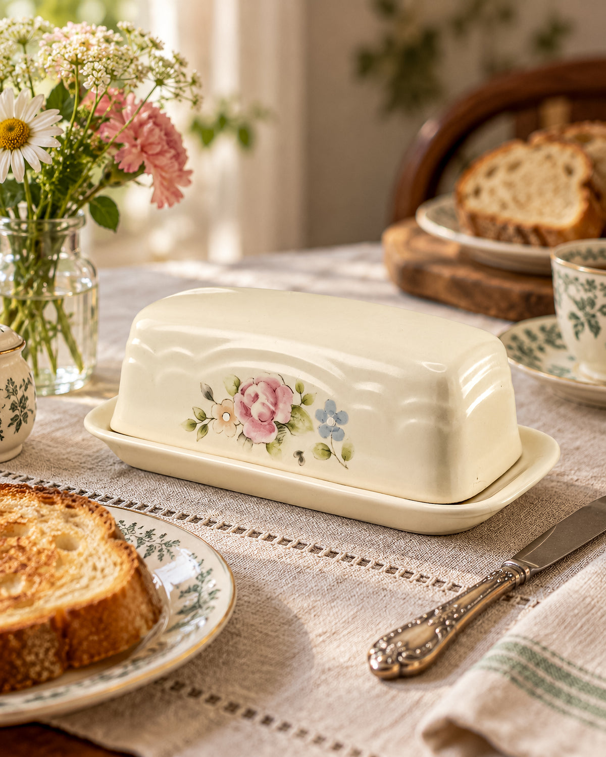 Vintage Pfaltzgraff Tea Rose 1/4-Pound Covered Butter Dish, Cream Stoneware