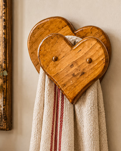 Vintage Heart Shaped Wooden Two-Tier Wall Hanger for Towels, Blankets, or Quilts