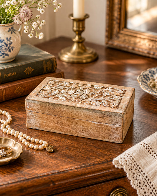 Vintage Hand-Carved Wooden Keepsake Box with Floral Relief Lid
