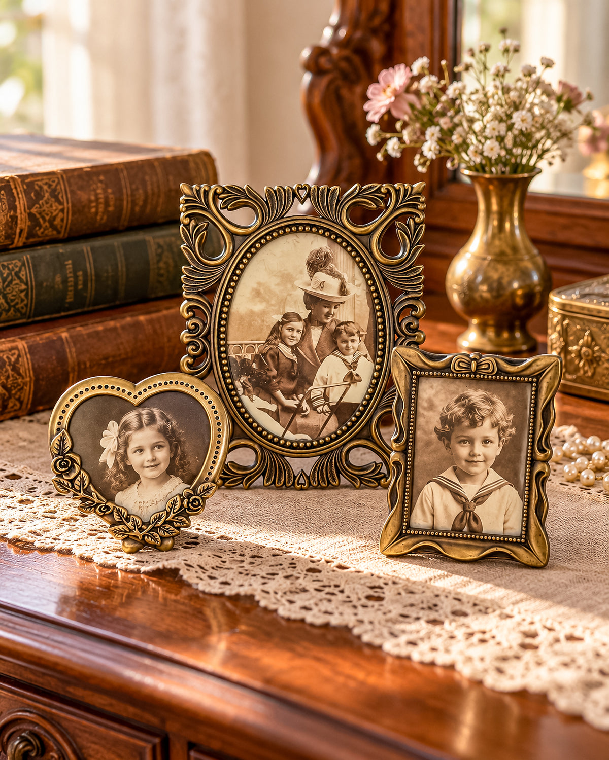 Vintage-Style Ornate Brass-Tone Picture Frames, Set of Three with Oval, Rectangle and Heart Openings