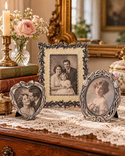 Ornate Pewter and Enamel Picture Frame with Two Silver-Tone Frames, Set of Three