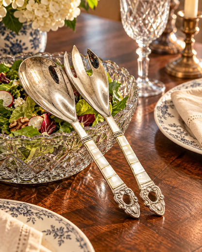 Vintage-Style Salad Serving Spoon and Fork - Possible Silver Plate - Mother-of-Pearl Handles