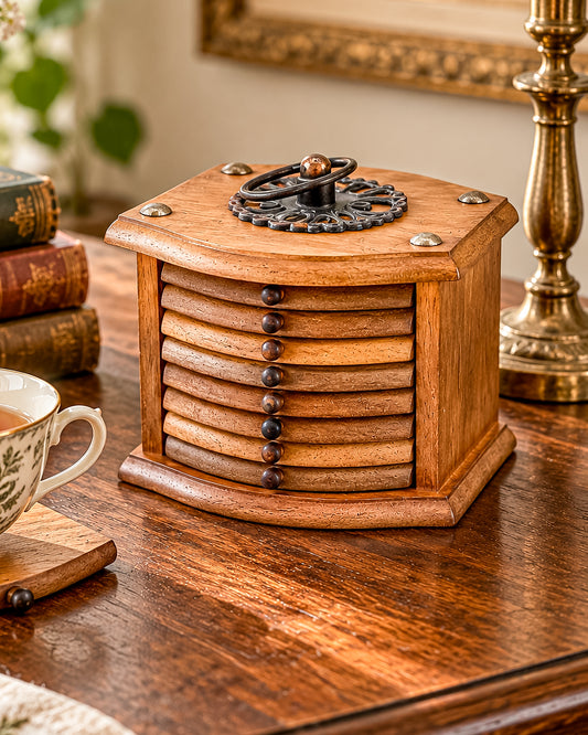 Vintage Wooden Fan Coaster Caddy Set with 8 Cork Coasters and Ornate Brass Ring Pull