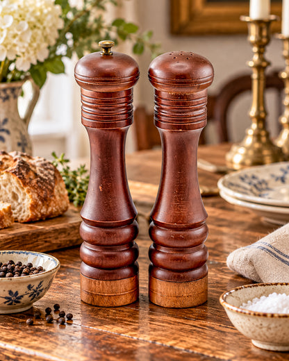 Vintage Nasco Master Pieces in Wood Turned Pepper Mill and Salt Shaker Set, Made in Japan