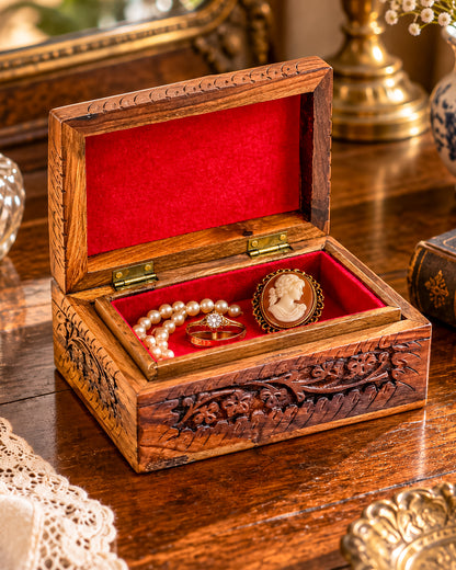 Vintage Hand-Carved Wooden Trinket Box with Floral Design and Red Lining