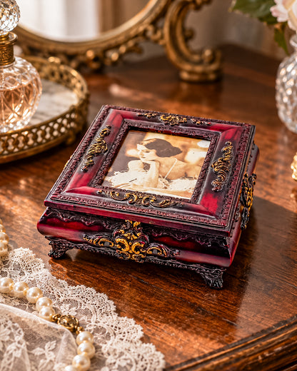 Vintage Ornate Florentine Style Jewelry Box with Built-In Photo Frame Lid, Burgundy Finish and Gold Filigree