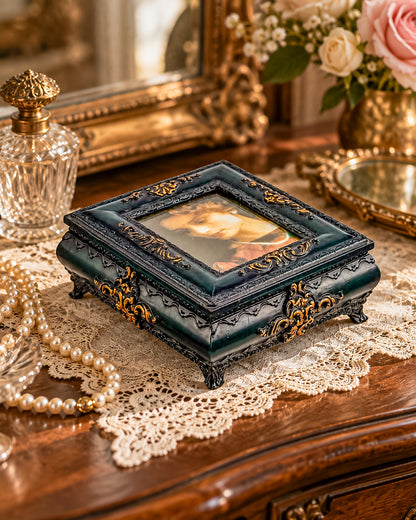 Vintage Florentine Style Ornate Jewelry Box with Built-In Photo Frame Lid, Dark Green Finish and Gold Filigree