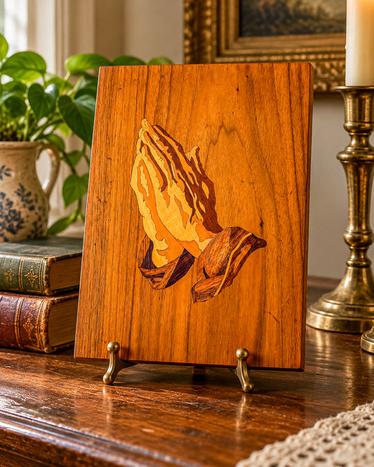 Vintage 1980 Signed Wood Marquetry Inlay Picture of Praying Hands with Certificate