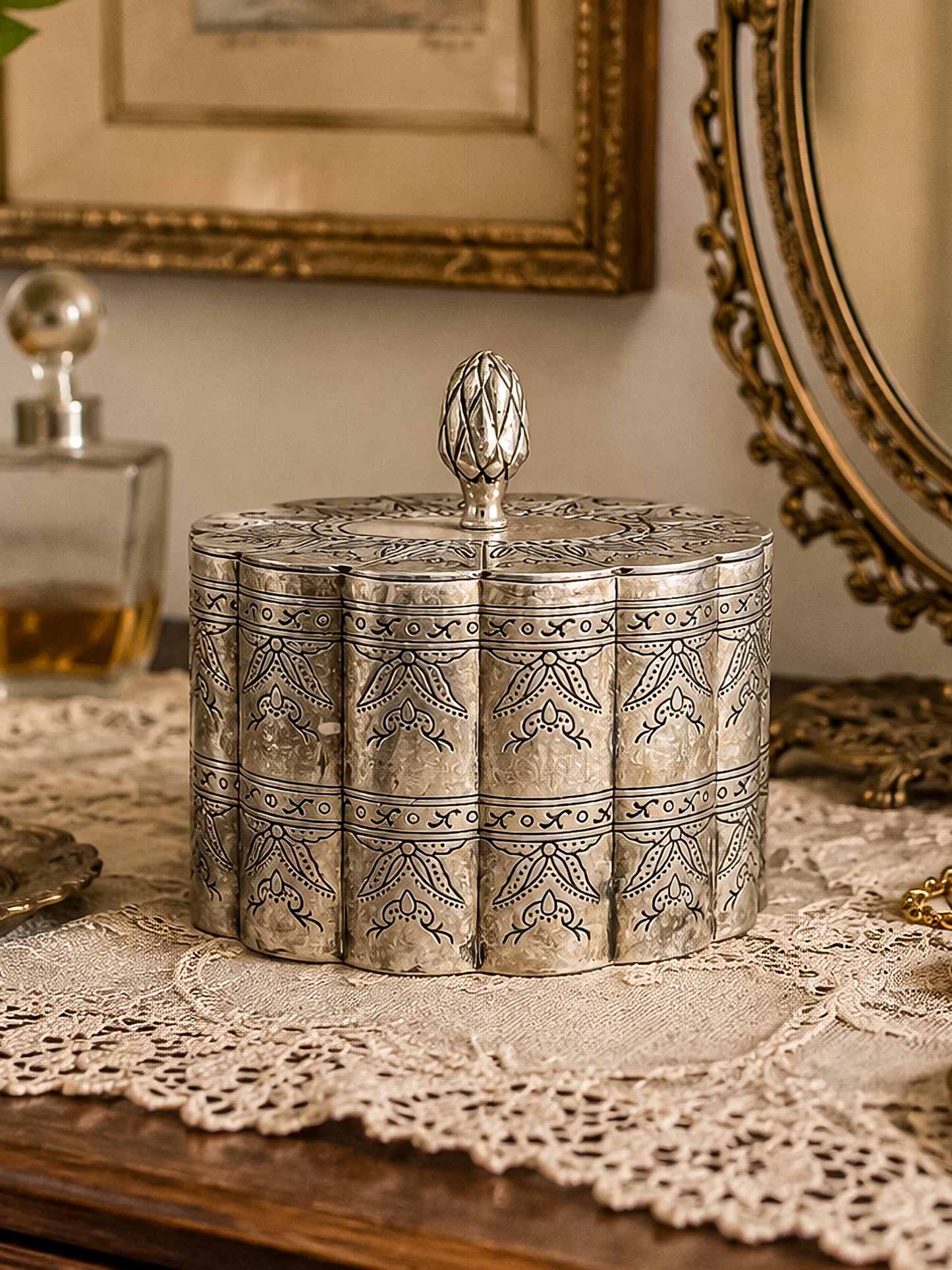 Vintage Silver-Plate Trinket Box with Red Velvet Lining and Hand-Engraved Floral Detail