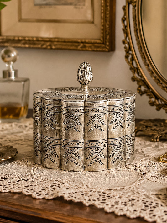 Vintage Silver-Plate Trinket Box with Red Velvet Lining and Hand-Engraved Floral Detail