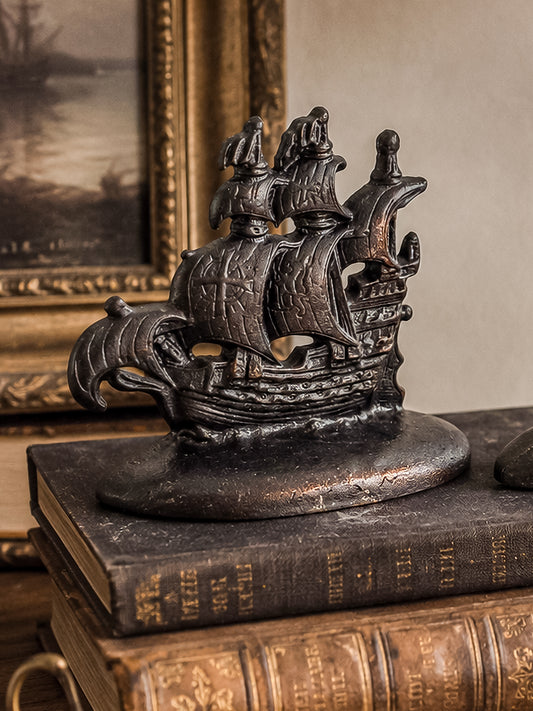 Vintage Cast Iron Galleon Ship Bookends with Bronze Patina, Nautical Decor, Pair