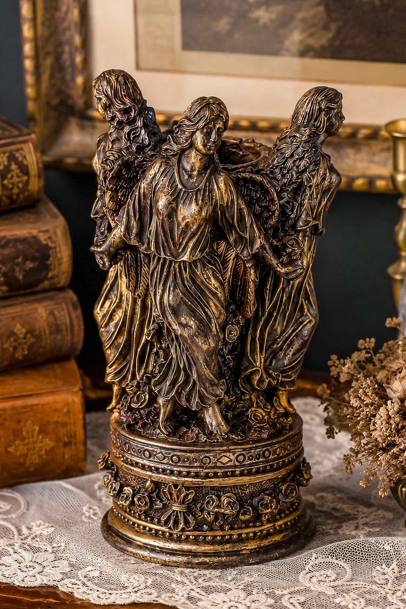 Three Graces Figural Resin Taper Candle Holder with Bronze Patina Finish, Classical Decor