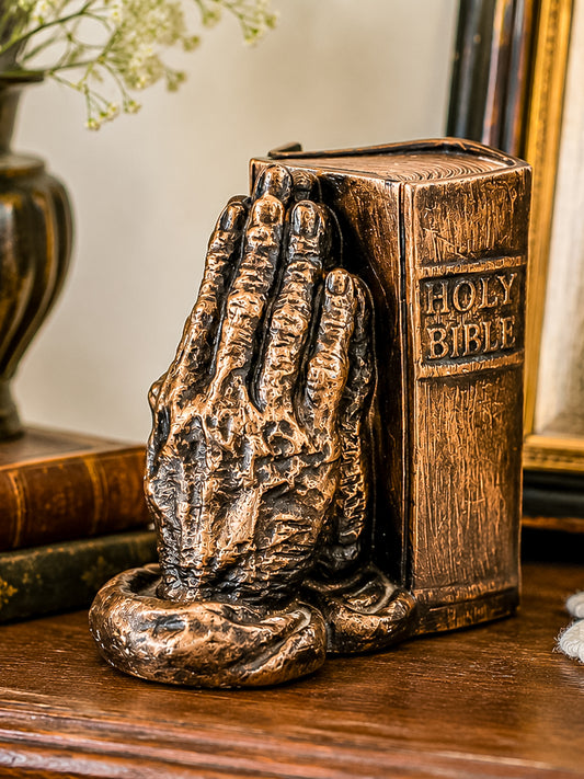 Vintage Praying Hands and Holy Bible Resin Bookend by Universal Statuary Co., Religious Decor