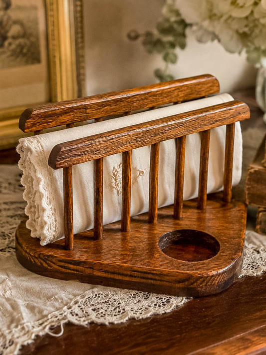 Vintage Mid-Century Modern Wood Napkin Holder and Salt Pepper Caddy with Spindle Rails
