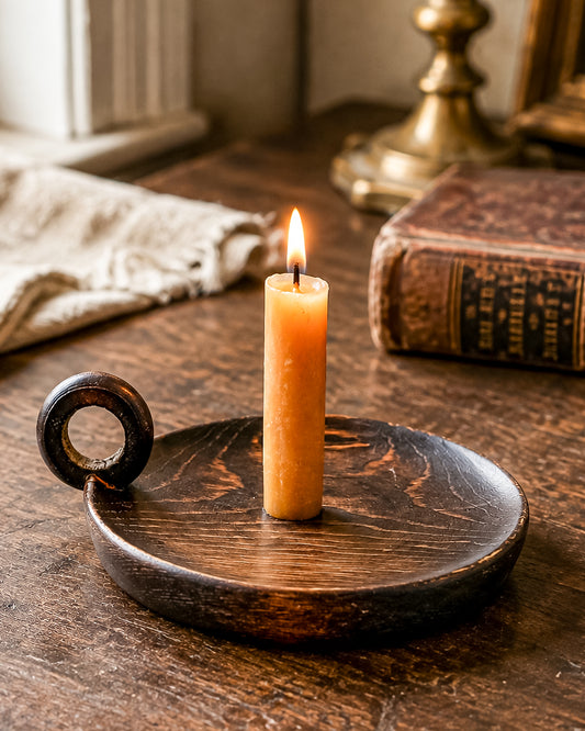 Vintage Wood Chamberstick Taper Candle Holder with Pricket Spike and Ring Handle, Primitive Decor
