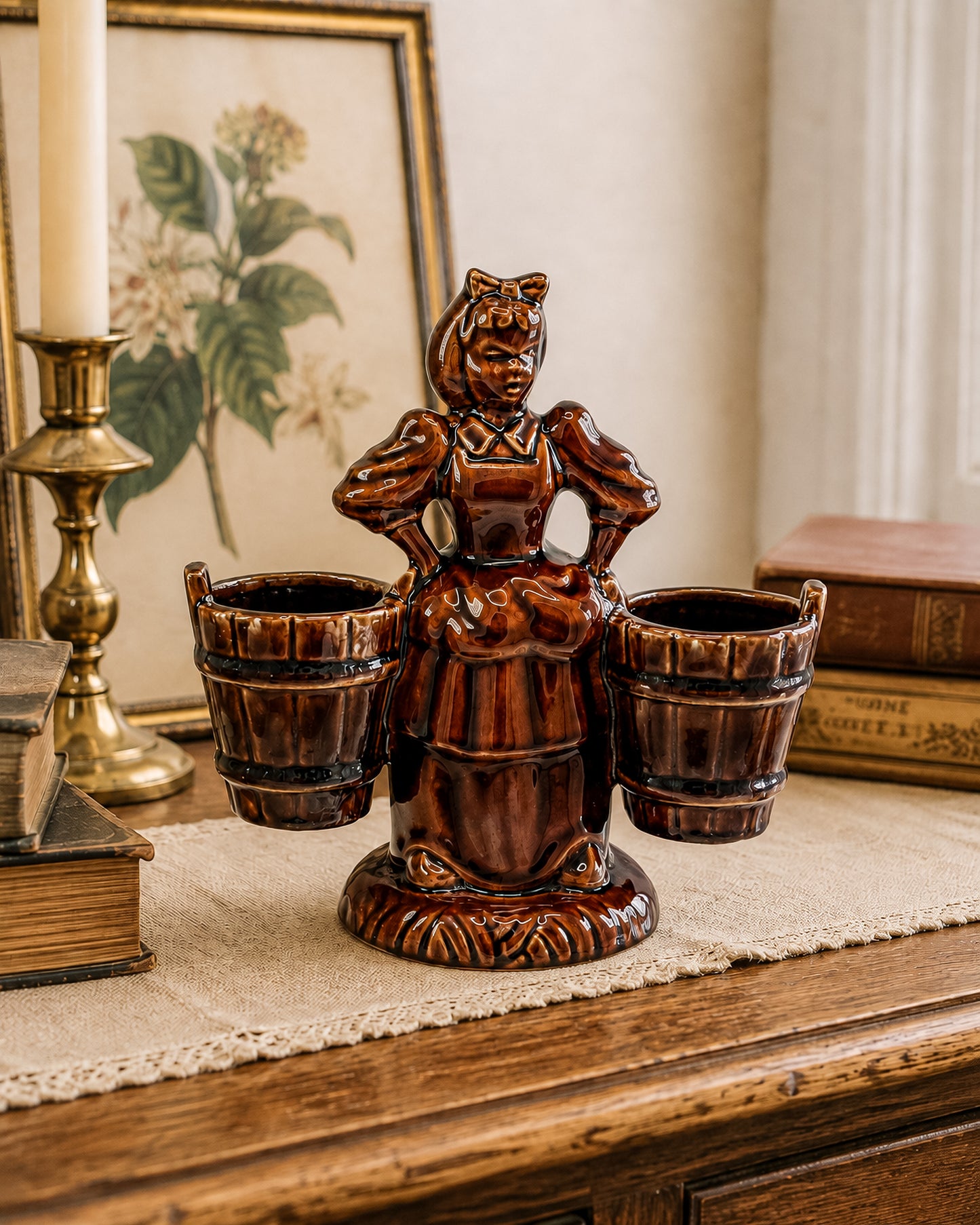 Vintage Haeger Pottery Milkmaid Figural Double Planter in Dark Brown Glaze, 8" Tall