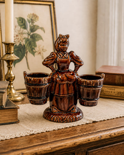 Vintage Haeger Pottery Milkmaid Figural Double Planter in Dark Brown Glaze, 8" Tall