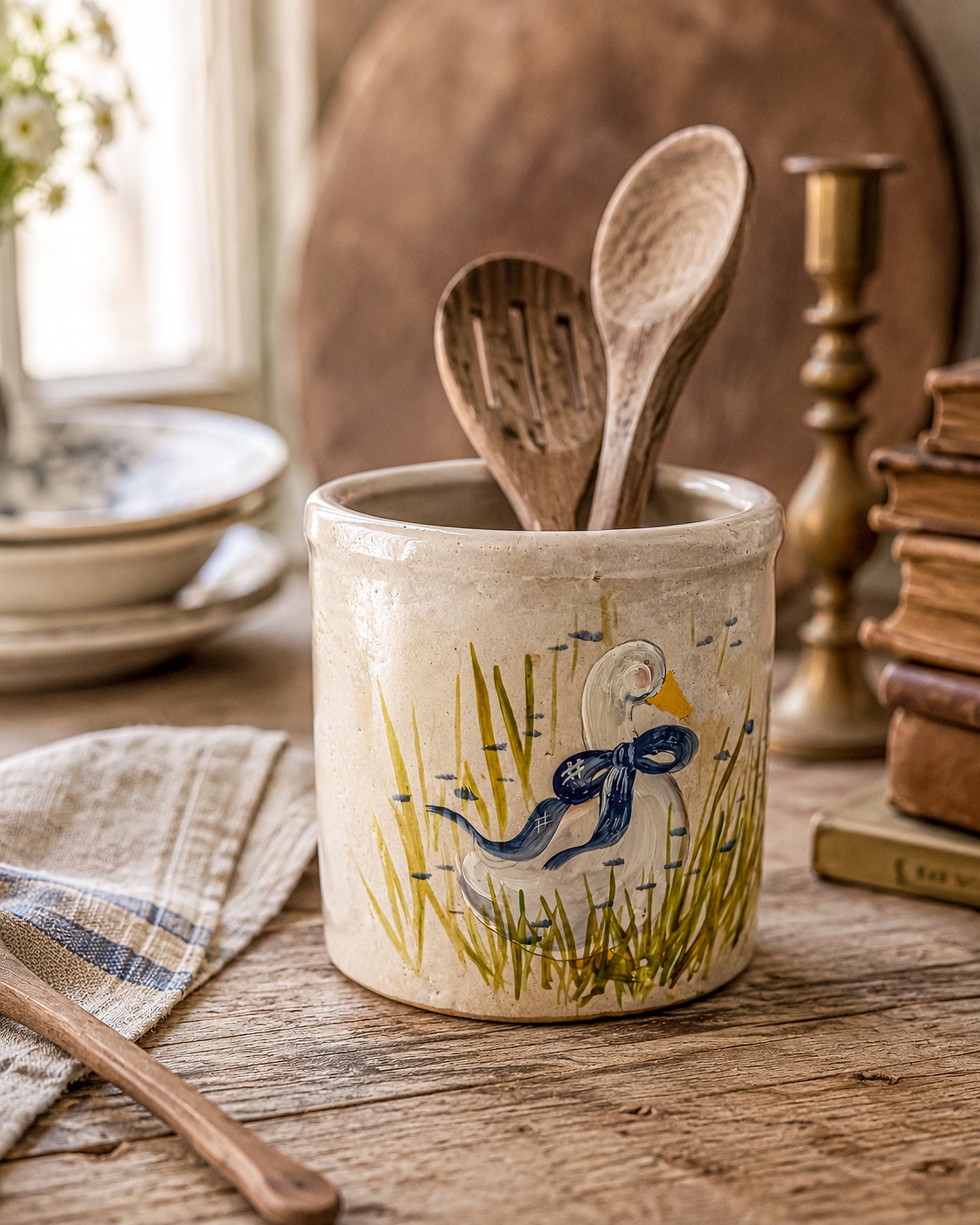 Vintage Robinson Ransbottom RRP Co. Stoneware Crock with Hand-Painted Goose and Blue Bow
