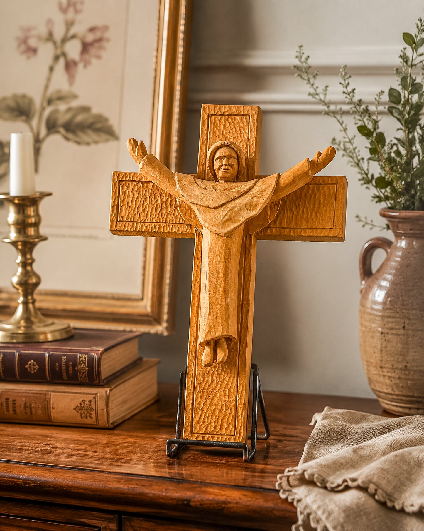 Vintage Hand-Carved Wood Risen Christ Crucifix, Folk Art Devotional Cross with Outstretched Arms, 11"