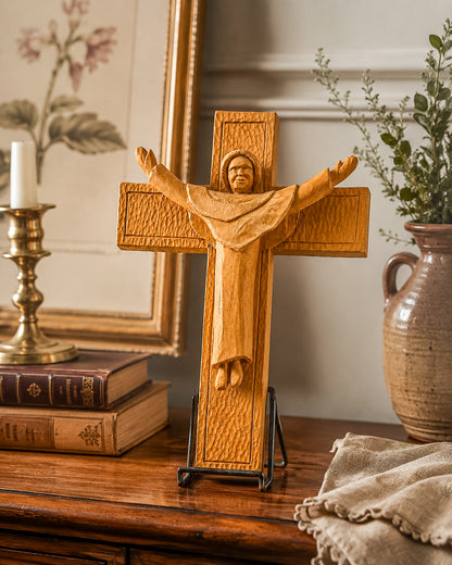 Vintage Hand-Carved Wood Risen Christ Crucifix, Folk Art Devotional Cross with Outstretched Arms, 11"