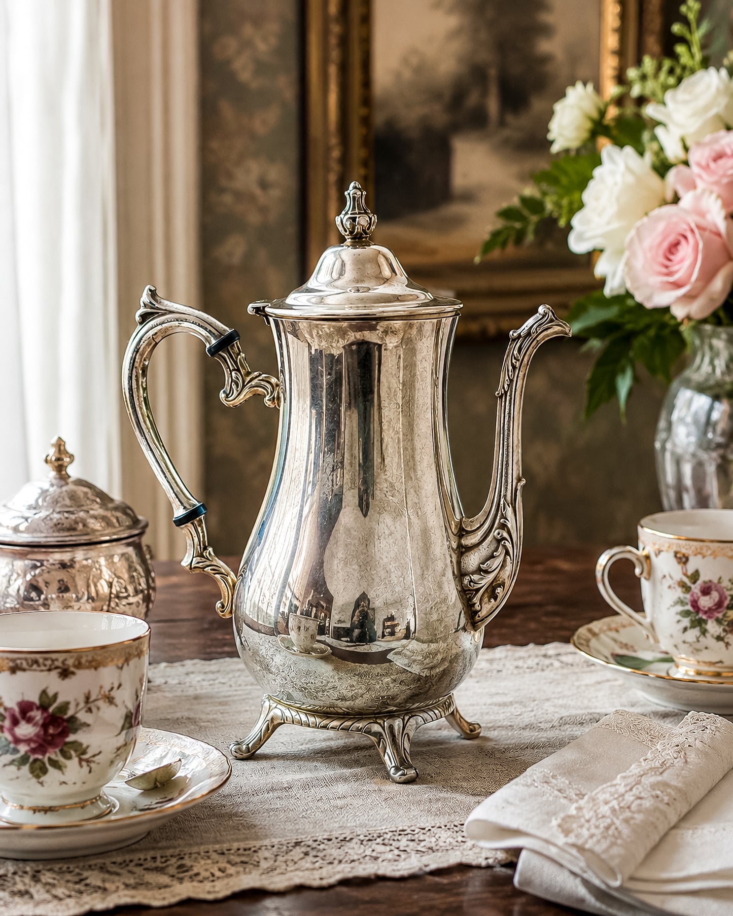 Vintage International Silver Co. Ornate Silver-Plate Teapot with Hinged Lid and Scroll Feet