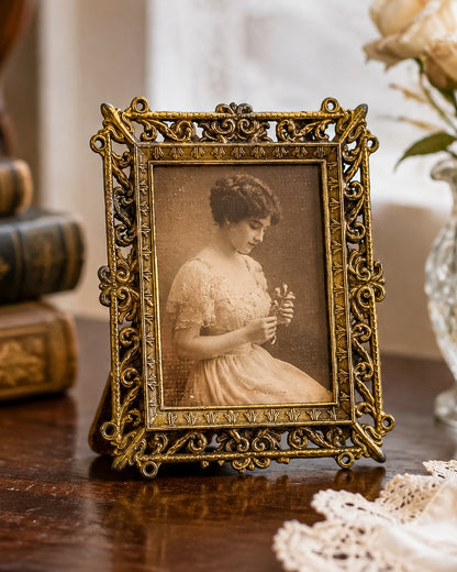 Vintage Florentine Style Gilt Brass Filigree Photo Frame with Easel Back, Made in Italy