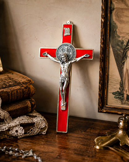 Vintage Red Enamel Saint Benedict Crucifix — Silver-Tone Wall Cross