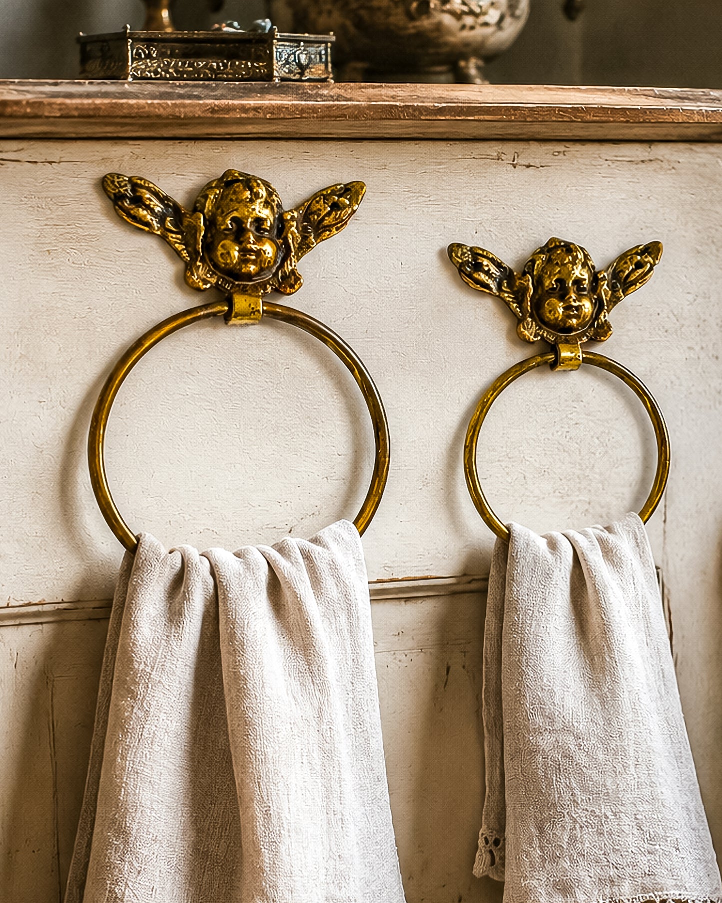 Vintage Brass Cherub Towel Rings with Winged Angel, Set of Two, Two Sizes