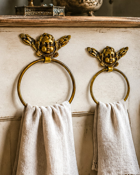 Vintage Brass Cherub Towel Rings with Winged Angel, Set of Two, Two Sizes