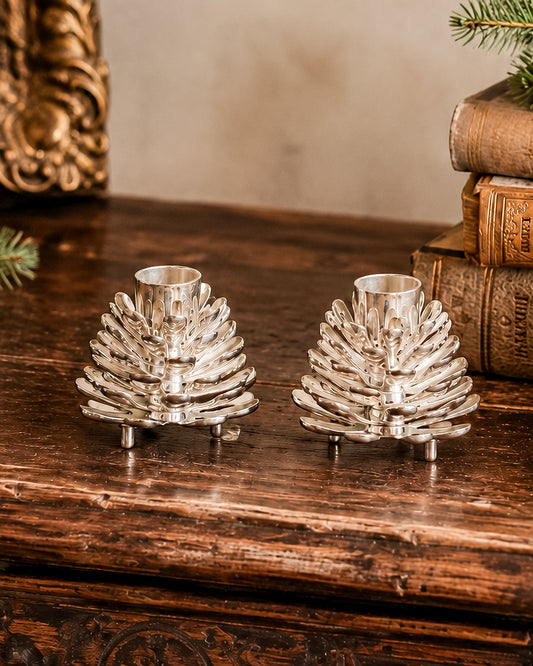 Silver-Plated Pine Cone Candle Holders, Set of Two, Vintage Holiday Decor