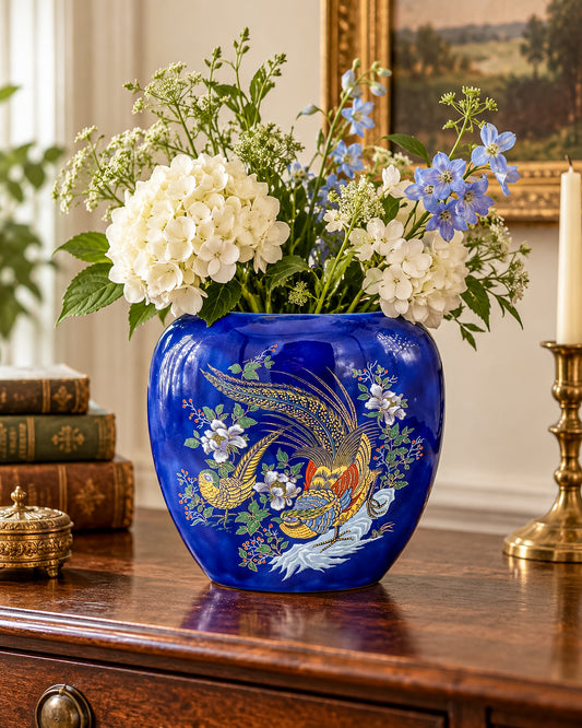Cobalt Blue Ceramic Vase with Colorful Pheasant Birds and Flowers, Flattened Oval Chinoiserie-Inspired Decor