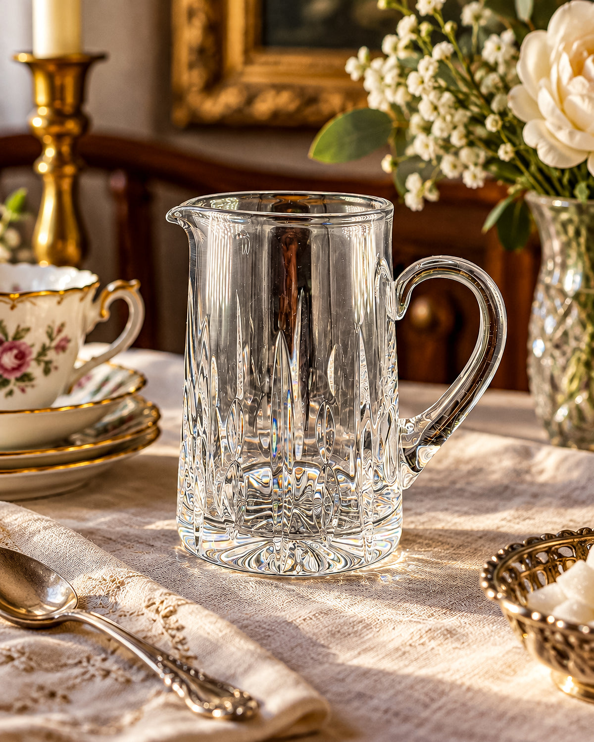 Atlantis Lisbon Cut Glass Pitcher, 20 Oz, with Vertical Facets, Starburst Base and Curved Handle