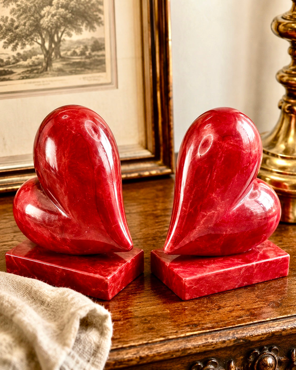 Vintage Hand-Carved Red Alabaster Heart Bookends by Ducceschi, Volterra Italy — Genuine Stone, Sold as a Pair