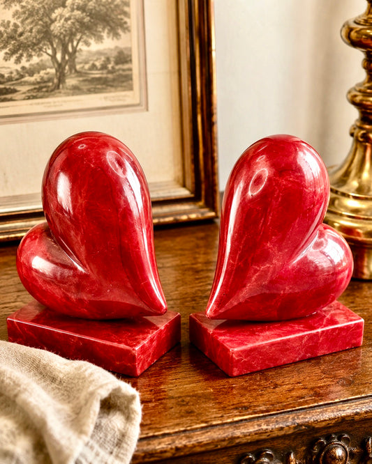 Vintage Hand-Carved Red Alabaster Heart Bookends by Ducceschi, Volterra Italy — Genuine Stone, Sold as a Pair