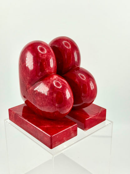 Vintage Hand-Carved Red Alabaster Heart Bookends by Ducceschi, Volterra Italy — Genuine Stone, Sold as a Pair