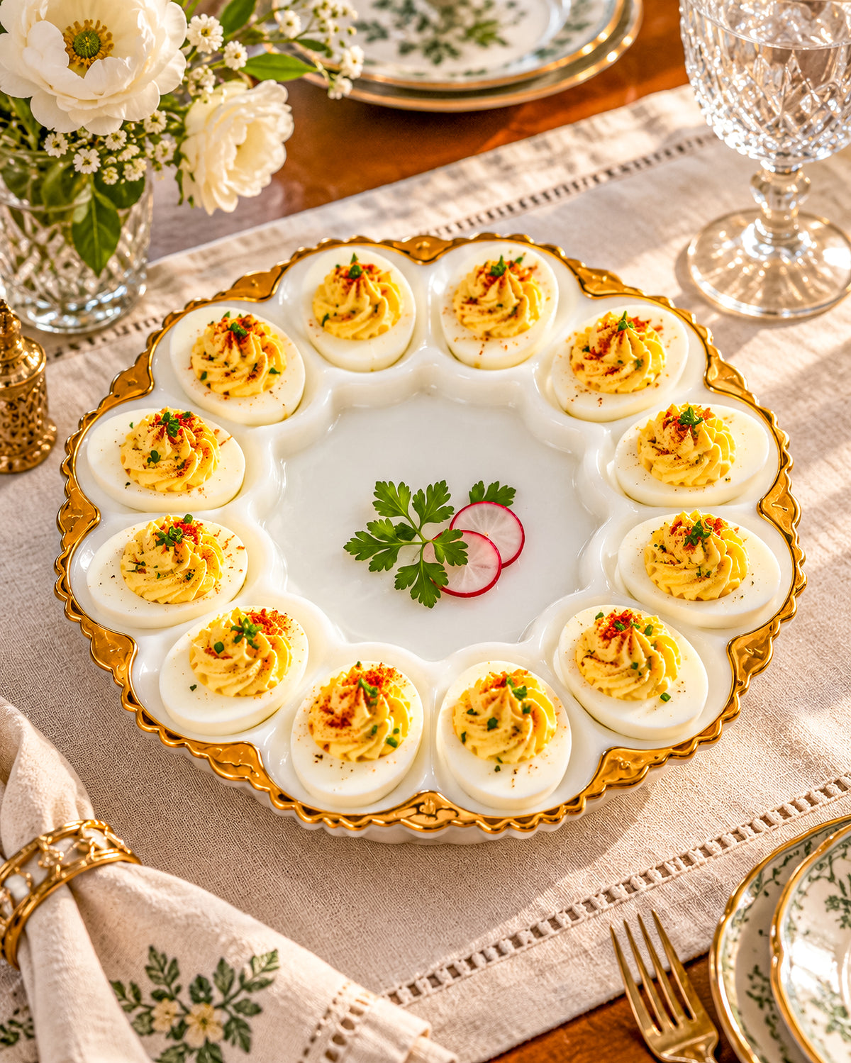 Vintage Fire-King by Anchor Hocking Milk Glass Deviled Egg Platter with Gold Trim and Scalloped Rim