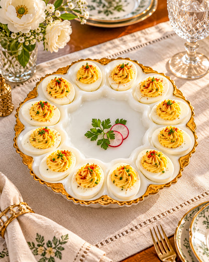 Vintage Fire-King by Anchor Hocking Milk Glass Deviled Egg Platter with Gold Trim and Scalloped Rim