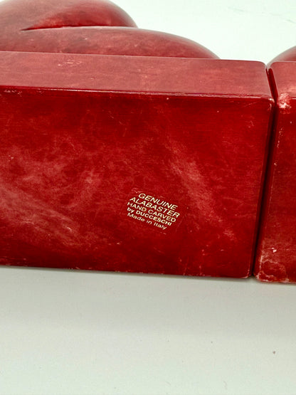 Vintage Hand-Carved Red Alabaster Heart Bookends by Ducceschi, Volterra Italy — Genuine Stone, Sold as a Pair