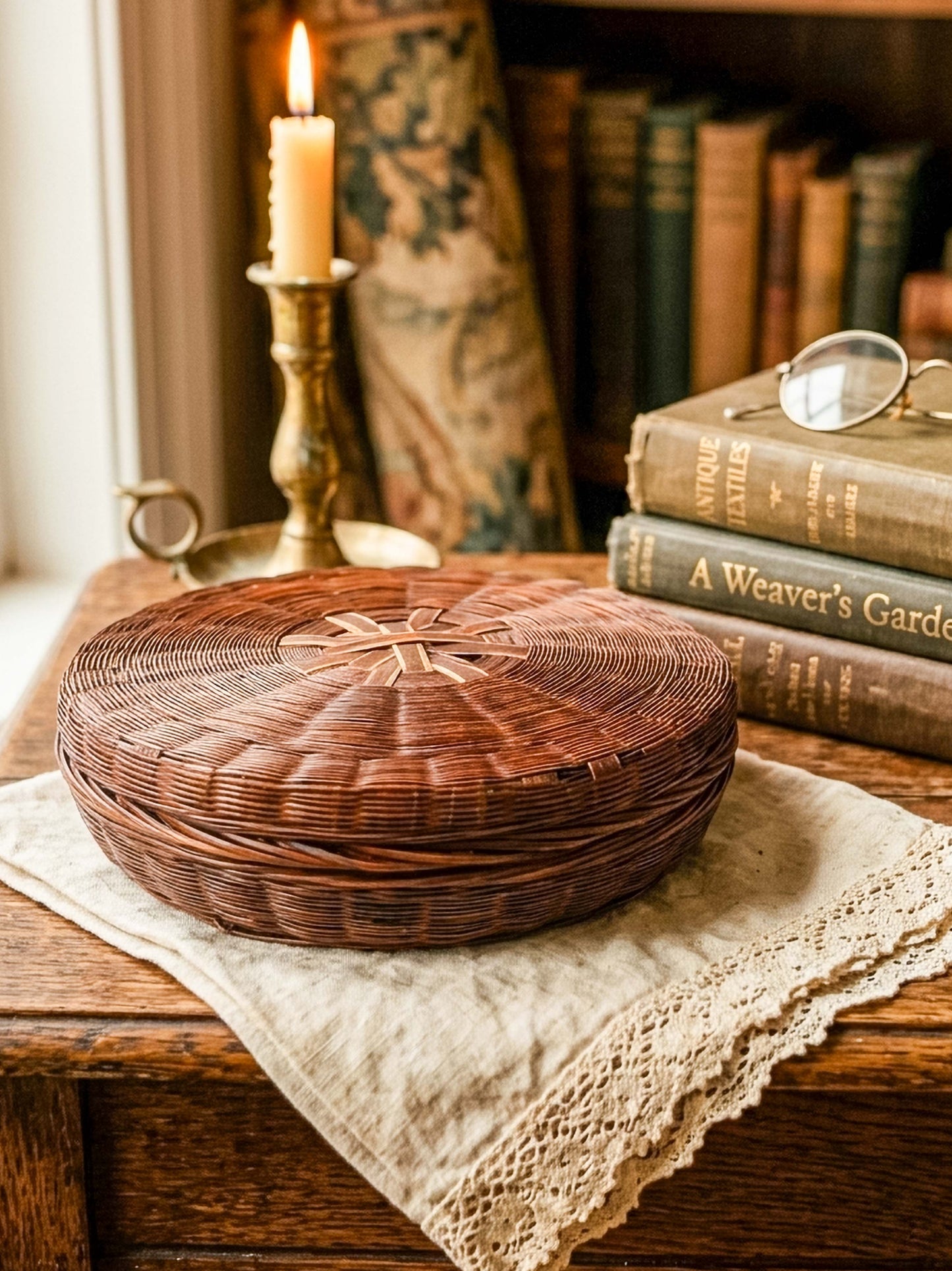Vintage Chinese Wicker Sewing Basket — Round Lidded, Starburst Weave