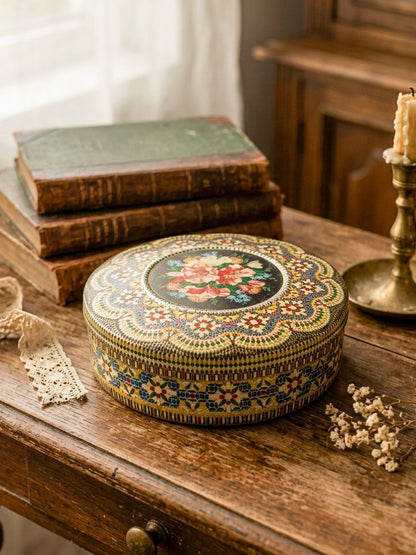 Vintage Dutch Round Tin Box – Floral Faux Bead Mosaic Lid